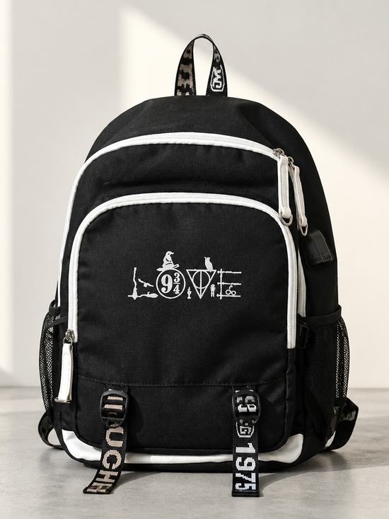 Other - Harry Potter Inspired Black Graphic Zip Front Backpack with White Trim